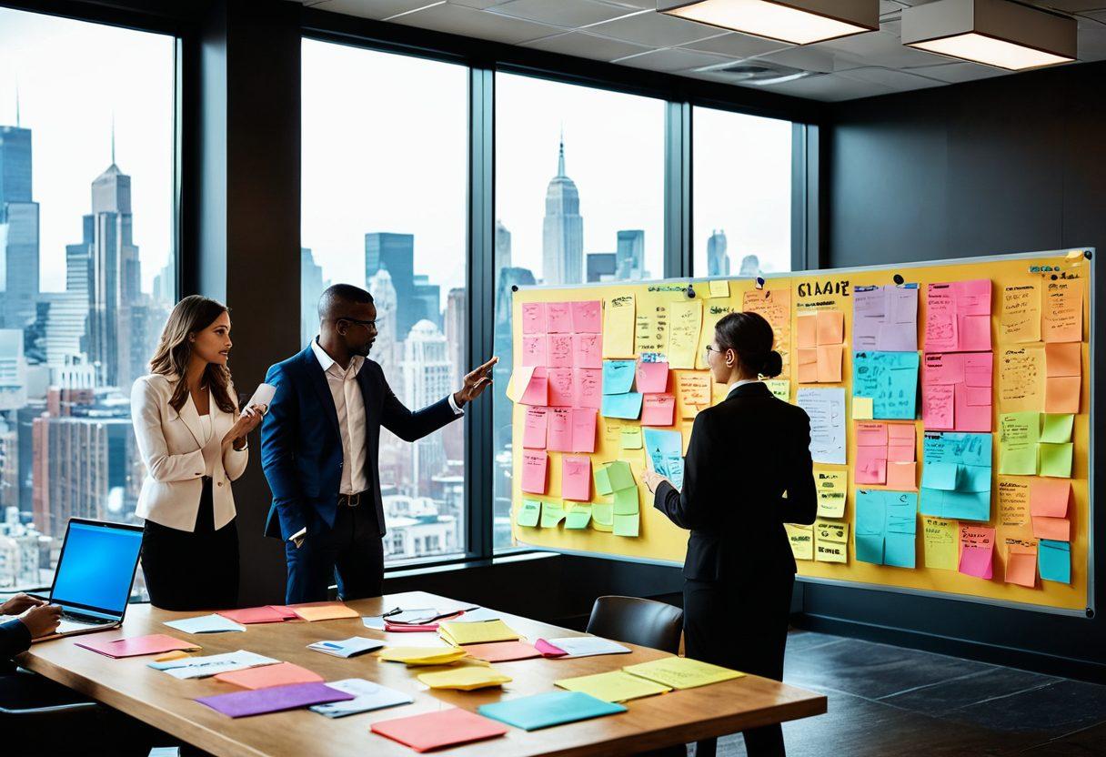 A dynamic office scene with a diverse group of entrepreneurs brainstorming over a digital project launcher interface, surrounded by colorful sticky notes and strategy boards. Include elements of collaboration, innovation, and modern technology, with a backdrop of city skyline visible through large windows. The atmosphere should feel energetic and inspiring. super-realistic. vibrant colors. 3D.