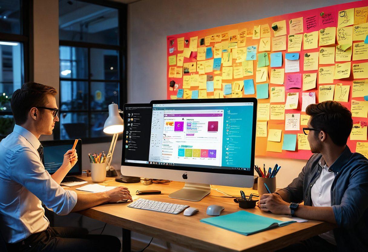 A dynamic workspace scene featuring a sleek computer screen displaying various application launcher icons, surrounded by colorful sticky notes and productivity tools, with a vibrant startup team brainstorming in the background. There's a lightbulb above symbolizing innovation and creativity. The atmosphere is energetic and inspiring. super-realistic. vibrant colors.